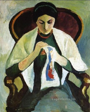 Mujer bordando en un sillón Retrato de la esposa del artista August Macke Pinturas al óleo
